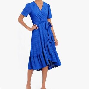 London Times Blue Eyelet Boho Ruffle Sleeve Preppy Wrap Dress Size 8